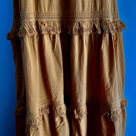 THE GREAT. Eyelet Magnolia Tiered Oversized Midi Dress Mustard Yellow Size S - Picture 9 of 10